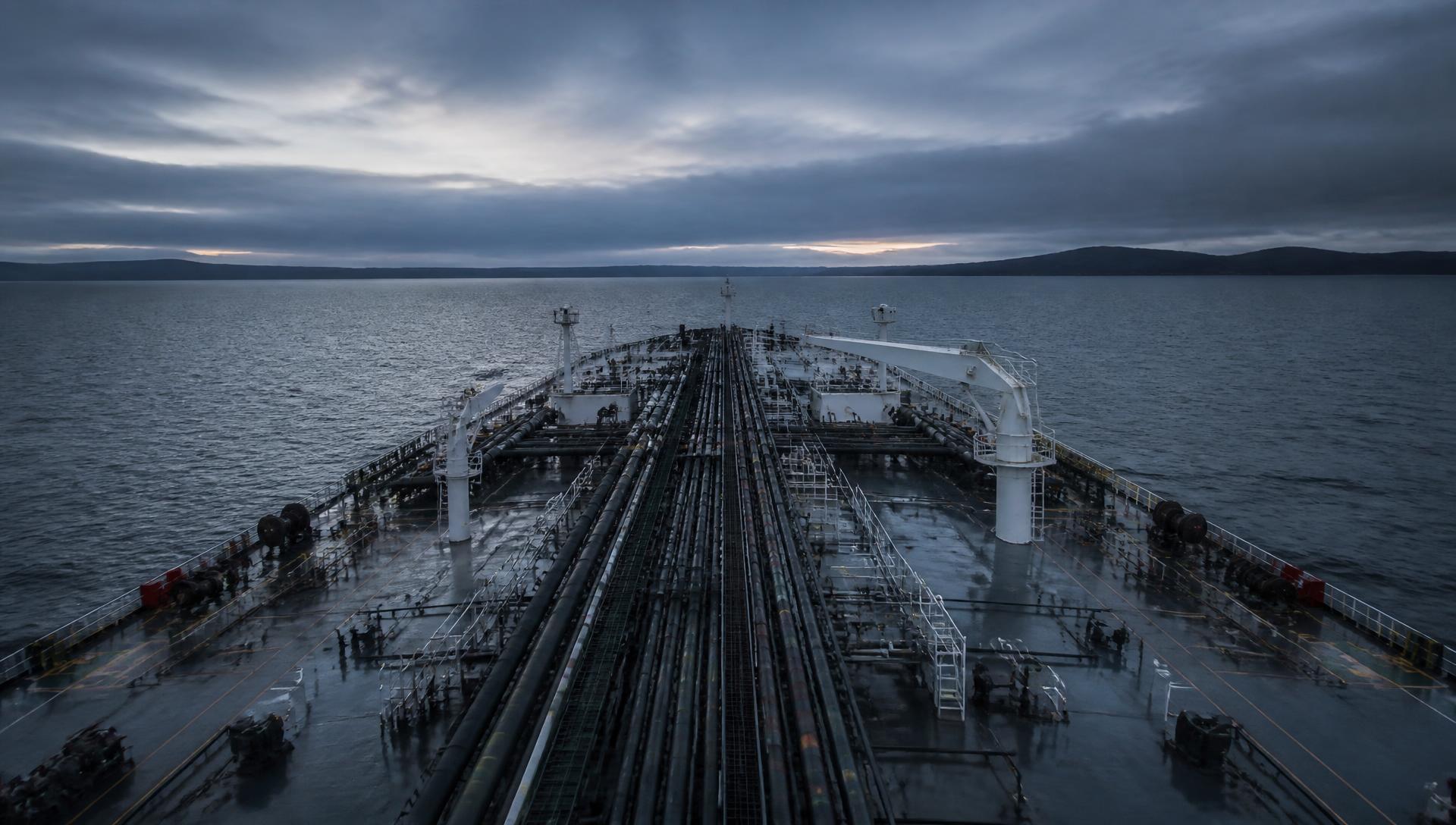 Tanker foredeck and cargo pipelines at dawn