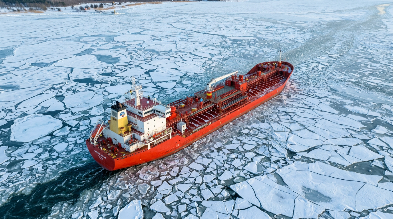 Vessel breaking through sea ice seen from above